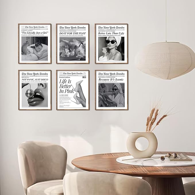 uniro Trendy Newspaper Wall Art Prints, Vintage Black & White Newspaper Wall Decor Aesthetic Pictures, Retro Girly Dorm Room Decor, Funky Bathroom Wall Decor Disco Poster for Teen Girl Bedroom Apartment, Bar Cart decor - Unframed