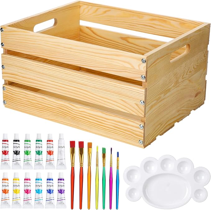 Youyole DIY Summer Bikini Box Large DIY Wood Crate for Crafts Unfinished Wood Crate Box with Paint Set for Storage Display Rustic Farmhouse Beach Party Decor, 16" x 13" x 8.7"