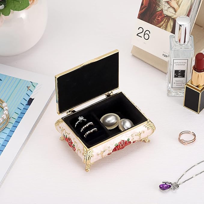 Hipiwe Vintage Metal Jewelry Box Small Treasure Chest Case Trinket Organizer Earrings Necklace Bracelet Storage Box Ring Box Holder Keepsake Box for Women