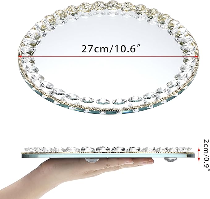Hipiwe Mirror Glass Vanity Tray Sparkling Crystal Perfume Tray Round Decorative Tray Gorgeous Makeup Organizer Tray Jewelry Trinket Tray for Bathroom Dresser Table, 10.6 inch