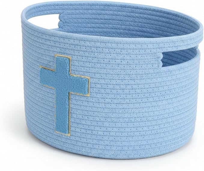 Sliner Baptisms Gifts Basket with Handles, Baptisms Cross Design Cotton Rope Basket Gifts Stuffers Storage for Christenings First Communions Religious Occasions, 15 x 10 x 9 Inch(Blue)