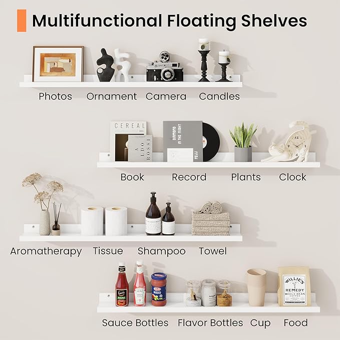 RICHFOCUS Picture Ledge Shelf, 36 inch Floating Shelves Set of 2, Wood Wall Shelves with Lip, Wall Decor Storage for Bedroom Living Room Bathroom Kitchen Nursery Photo Picture, White