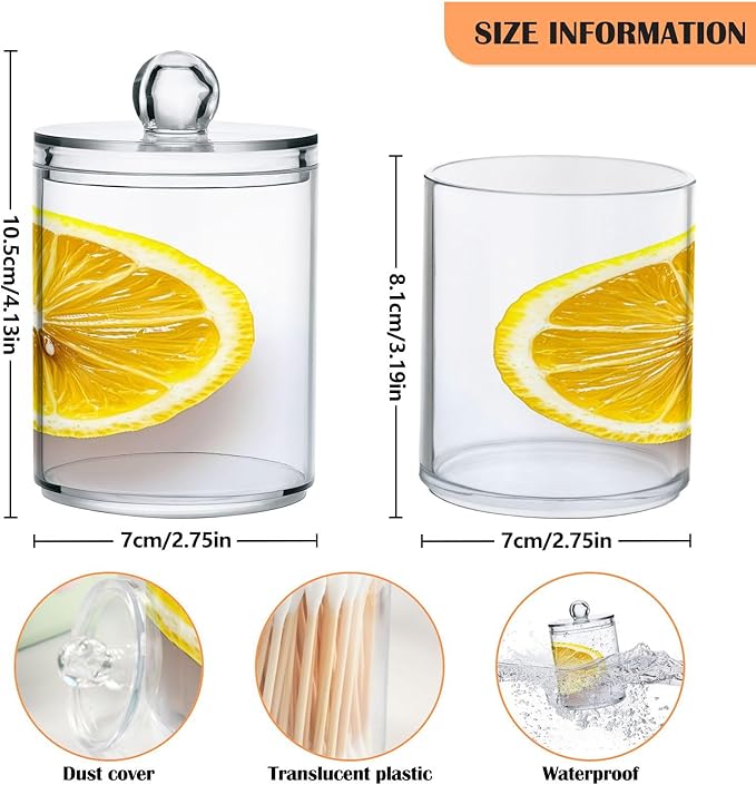 Nander 4Pack Fresh Lemon Slices Qtip Holder Dispenser -Clear Plastic Apothecary Jars Set - Restroom Bathroom Makeup Organizers Containers for Cotton Swab, Ball, Pads, Floss