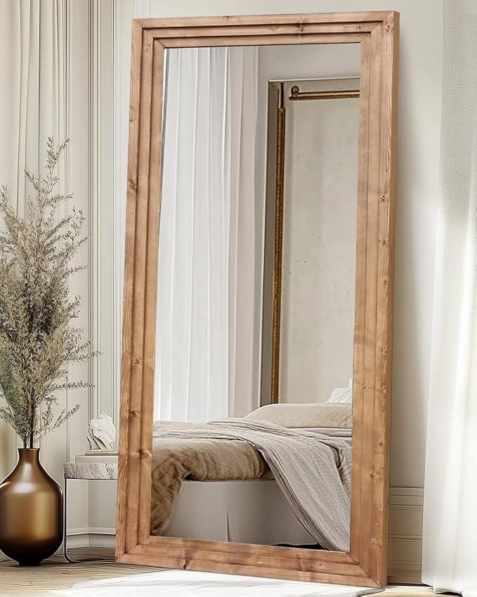 Full Length Mirror 76"x34" Solid Wood Frame Floor Large Mirror for Living Room, Bedroom Hanging or Leaning Wall-Mounted, Light Brown