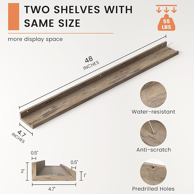 FLYJOE Picture Ledge Shelf, Floating Shelves Set of 2, 48 Inches Long Large Nursery Book Shelves for Toys Storage, Kids Bookshelf Wall Mounted for Living Room Bedroom Decor Books Photo Frames,Grey