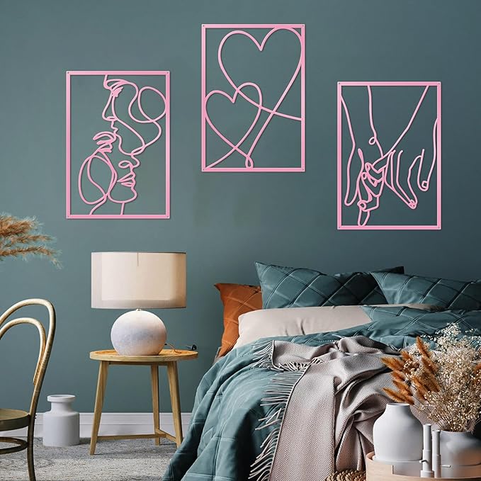ESTART 3 Pieces Metal Minimalist Line Wall Art, Valentine's Day Lover Kiss Hand Metal Wall Decor, Aesthetic Modern Home Hanging Wall Art Decor for Bedroom Living Room (Pink)