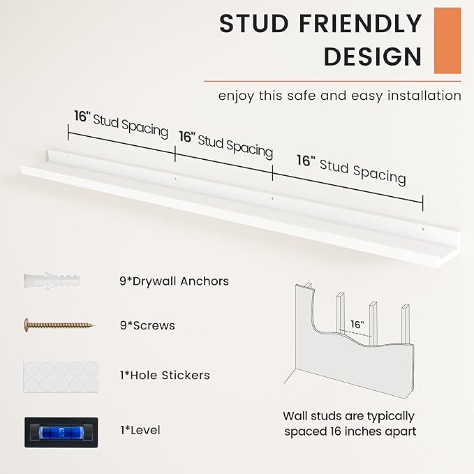 FLYJOE Picture Ledge Shelf, Floating Shelves Set of 2, 52 Inches Nursery Book Shelves for Toys Storage, Kids Bookshelf Wall Mounted for Living Room Bedroom Decor Books Photo Frames, White