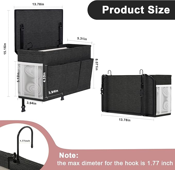 Edudif Dual-purpose Bedside Caddy Bedside Organizer, Bed Caddy with 6 Pockets, Versatile Bedside Storage Solution Magazine Remotes holder, ideal for Home, Dorm, Hospital, Crib Bed (Black)