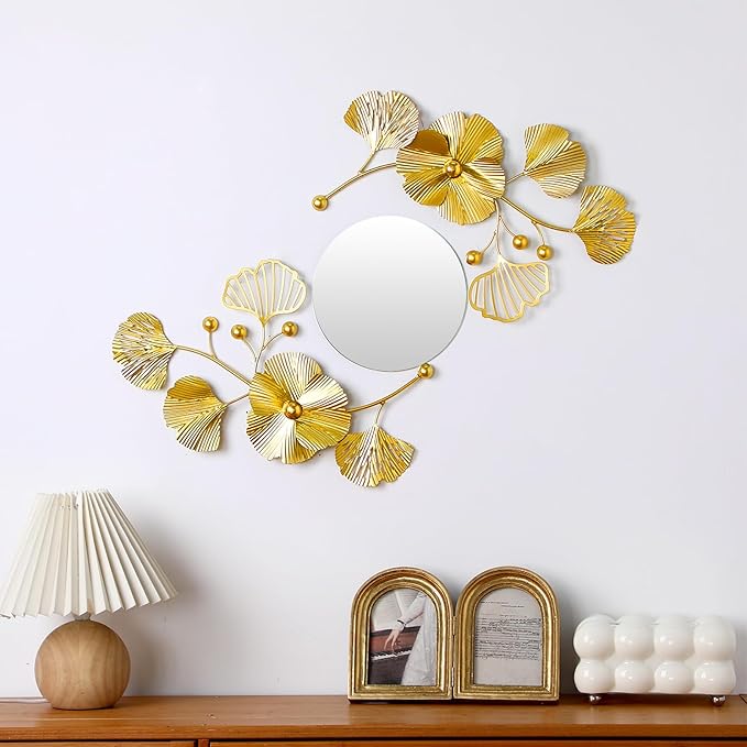 Tandefio 3 Pcs Metal Decorative Wall Mirrors for Living Room Metal Ginkgo Leaf Mirror Modern Creative Wall Decor Art Hanging Decor Mirror for Entrance Bedroom Living Room(Gold,16.inches)