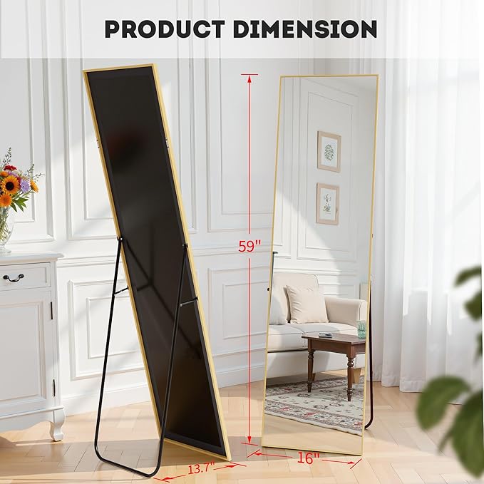Aluminum Frame Mirror, 59"x16" Full Length Mirror with Stand, Free Standing Leaning Mirror Hanging Mounted Mirror for Bathroom Living Room, Gold