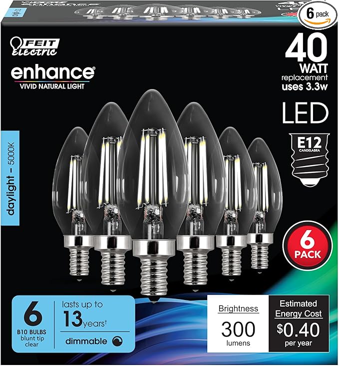 Feit Electric 40W Equivalent Candelabra LED Light Bulb, Dimmable, E12 Base, 5000K Daylight, B10 Filament Torpedo Tip Decorative Lighting Bulbs, 13-Year Lifetime, CTC40/950CA/FIL/6, 6-Pack