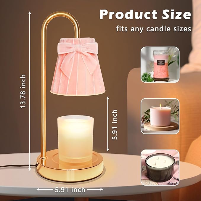 Crystal Club Candle Warmer Lamp with Timer, Dimmable Wax Warmer with Adjustable Brightness, Velvet Lampshade & Bow Design, Gifts for Women Men, Candle Light for Modern Home Decor