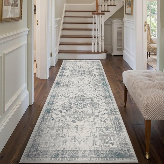 Rugxara 2x6 Washable Runner Rug, Non Slip Boho Runner Rugs for Hallway, Kitchen, Entrance, Bathroom, Laundry Room, Soft Ultra-Thin Entryway Carpet, Throw Low Pile Retro Imitation Carpet, Blue Grey