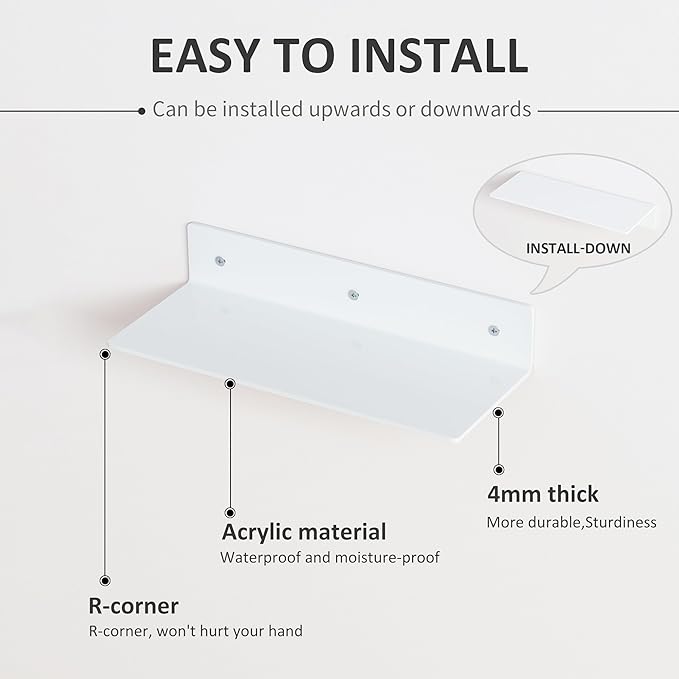 12 Inches White Acrylic Wall Shelves Set of 4, Wall Mounted Shelves Moel Car, Candle, Calendar, Towel, Tissue, Doll, 2 Pack