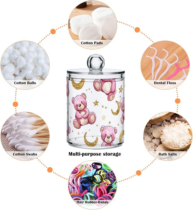 2 Pack Apothecary Jars Teddy Bear Celestial Pink Bathroom Vanity Storage Organizer Set,Small Clear Plastic Storage Jars Bathroom Canister for Cotton Swabs, Rounds, Balls, Qtips,Makeup Sponges,