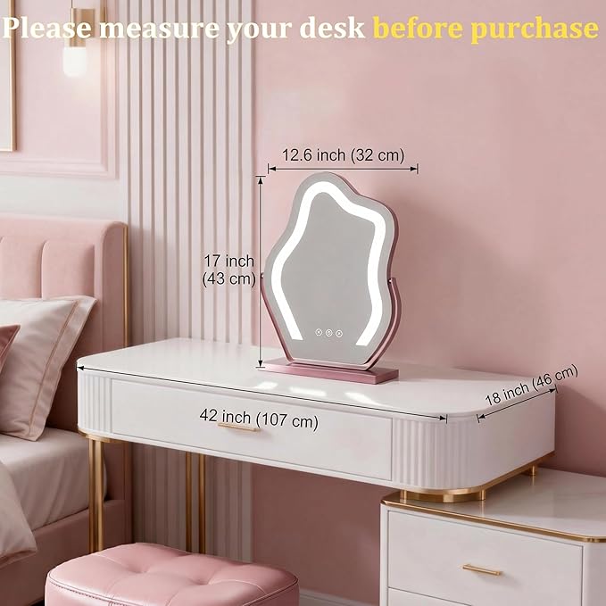 Makeup Mirror with Lights - 17″ Cloud Shaped Smart Touch 3-Color Dimmable 360° Rotation Memory Metal Frame Plug-in AC Power Tabletop Vanity Mirror Gift for Women Teen Girls Rosegold
