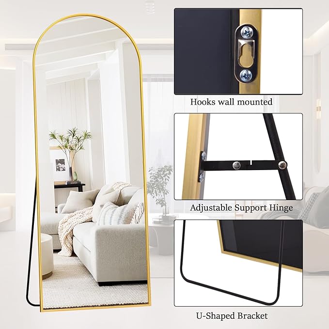 Rowjut Full Length Mirror Arched Floor Length Mirrors, 71"x26" Large Full Body & with Stand&Arch Wall Mounted &Standing Mirror for Bedroom Living Room, Aluminum Frame, Gold