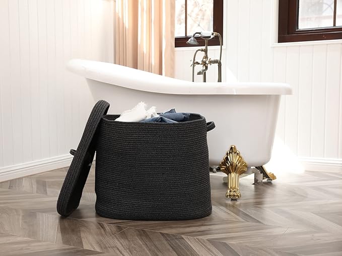 22"x14"x18" Rectangular Extra Large Storage Basket With Lid, Large Cotton Rope Storage Basket, Woven Laundry Hamper, Cloth Storage Bin, for Clothes Towels Blankets in Living Room, All Black Grey Mix