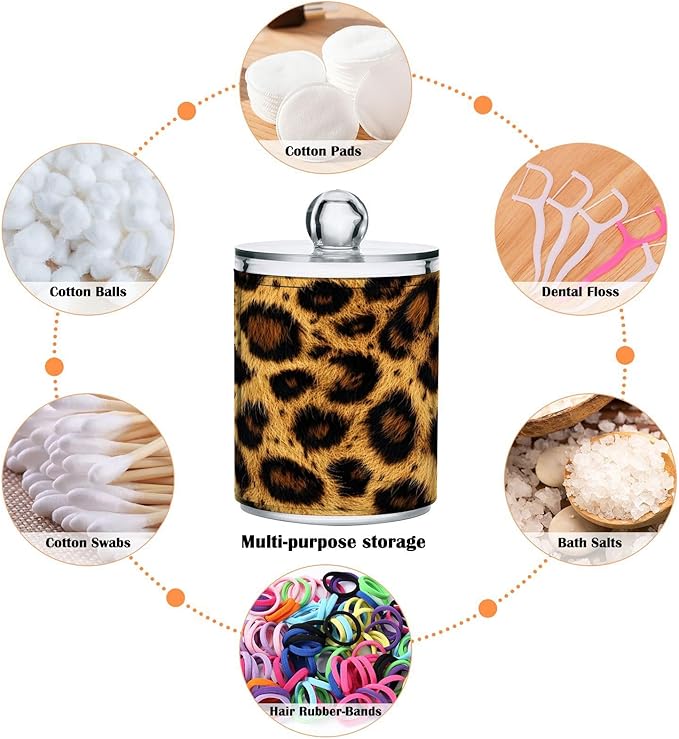Nander 2Pack Beautiful Brown Leopard Print Qtip Holder Dispenser -Clear Plastic Apothecary Jars Set - Restroom Bathroom Makeup Organizers Containers for Cotton Swab, Ball, Pads, Floss
