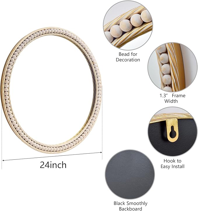 Antique Gold Round Wall Mirror 20", Ornate Beaded Metal Frame Mirror for Bathroom, Vintage Farmhouse Circle Accent Mirror for Bedroom Living Room Entryway or Vanity with Distressed Whitewashed Finish