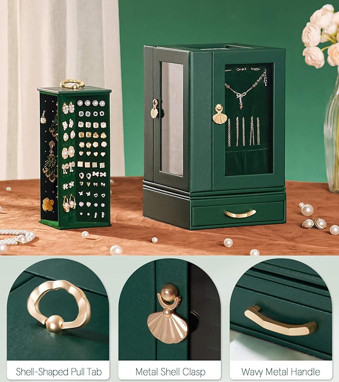Enthralite Jewelry Box Large for Dresser: Women Necklace Ring Storage Organizer with Compartments - Elegant Earring Holder Display - 360° Rotating Jewelry Organizer with Glass Door
