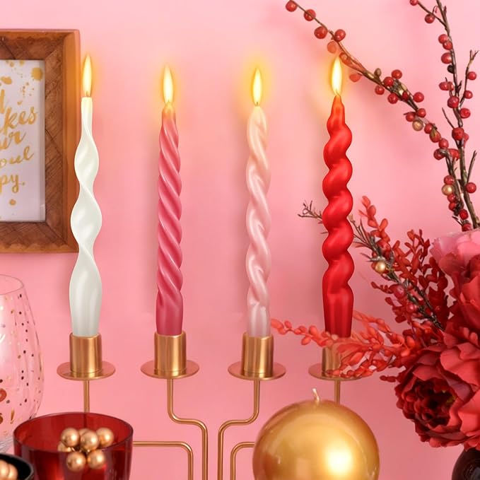 Nuanchu 4 Pcs Twisted Taper Candles Wax Unscented Smokeless Spiral Swirl Candlesticks for Wedding Holiday Dinner Party Home Decorations(7.87 Inch,Pure,Valentines Color)
