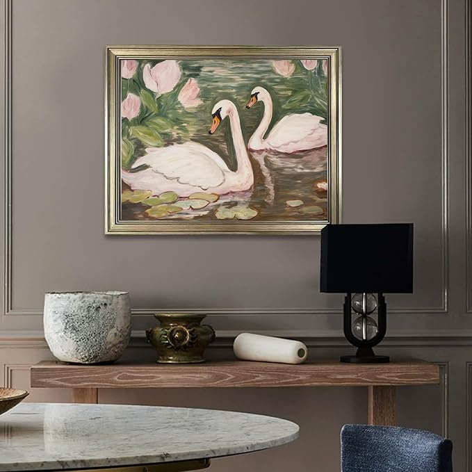 Swan Wall Art Vintage Framed Animal Wall Decor Pink and Green Girls Room Decor Girly Office Canvas Print Painting Home Artwork
