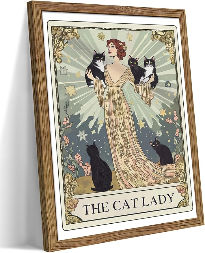 Framed Black Cat Wall Art, Vintage The Cat Lady Tarot Canvas Wall Decor Paintings, Funny Cute Woman Animal Poster Prints Picture Artwork for Bedroom Living Room 16x24 Inch