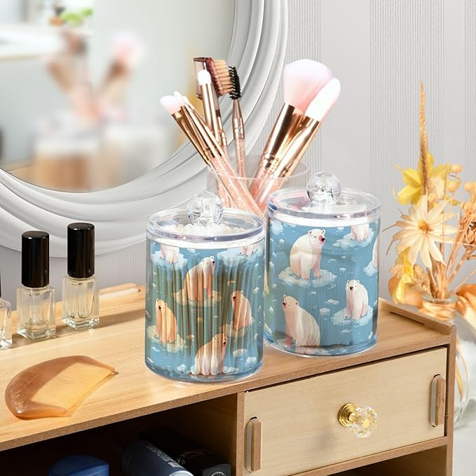 2 Pack Apothecary Jars Winter Blue Polar Bear Bathroom Vanity Storage Organizer Set,Small Clear Plastic Storage Jars Bathroom Canister for Cotton Swabs, Rounds, Balls, Qtips,Makeup Sponges, Flo