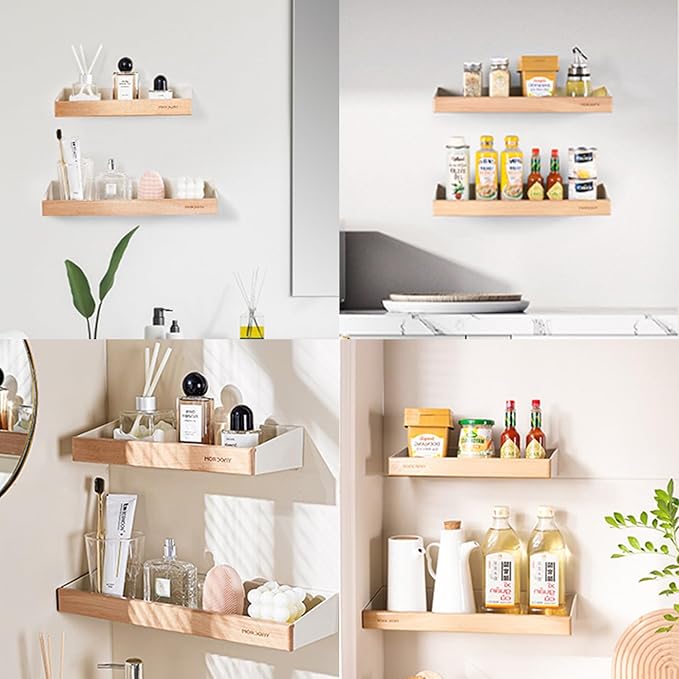12 Inch Adhesive Floating Shelves for Wall, White Wall Shelves No Drill with 1 Inch Height Wooden Decor, Plastic Adhesive Shelves Shower Organizer for Living Room, Bedroom, Office and Kitchen