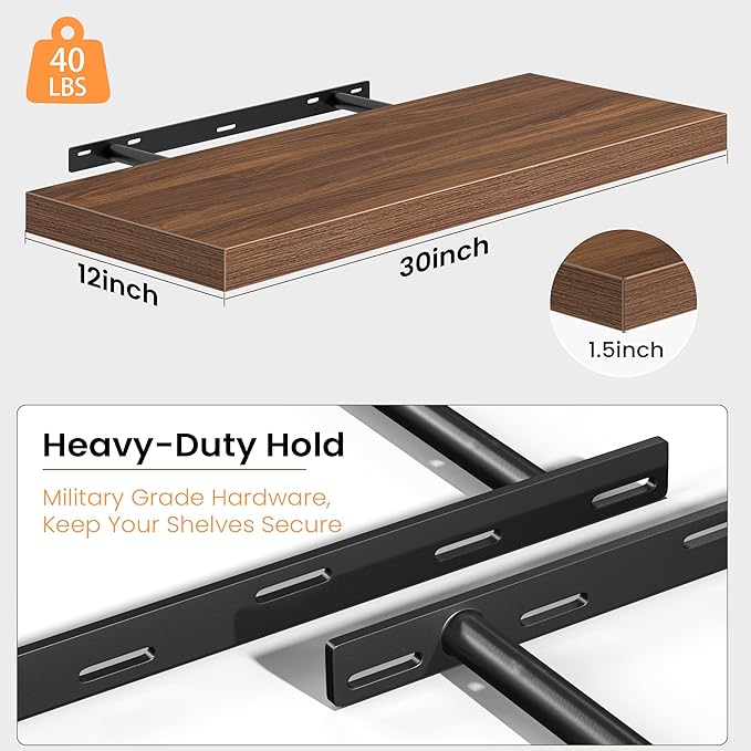 Fun Memories Floating Shelves - 2 Pack 30 Inch Long Rustic Wooden Wall Shelves - 12 Inch Deep Wall Mounted Storage Shelf with Invisible Heavy-Duty Brackets for Books, Bathroom, Kitchen, Walnut