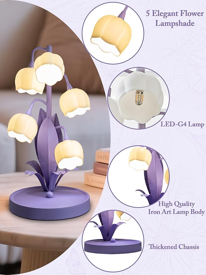 Flower Lamp for Home,Bedside Vintage Table Lamps,5 Lily of The Valley Reading Lights,3 Colors Modes Kawaii Bedside Lamp Decor,with G4 Bulb Nightstand Light for Living Room Office Bedroom (Purple)