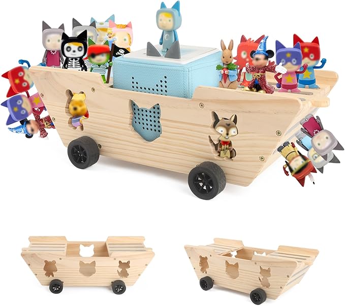 Ship for Tonies Box 1/2 Organizer Storage Shelf, Wooden Magnetic Holder for Toniebox Player Tonies Figures Characters for Children, Display Collection 20~30 Characters, Funny Little Ship