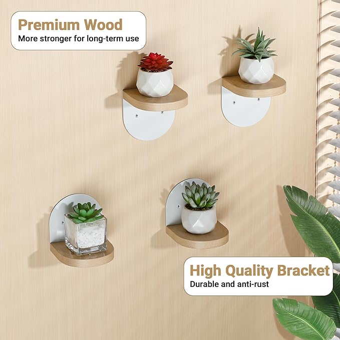 SAYAYO Small Floating Shelves for Wall Storage, 4 x 4 Inch Wall Shelves for Bedroom Decor, Mini Display Wood Shelf Organizer with White Base for Living Room, Office, Balcony, Rustic Brown，4 Pcs