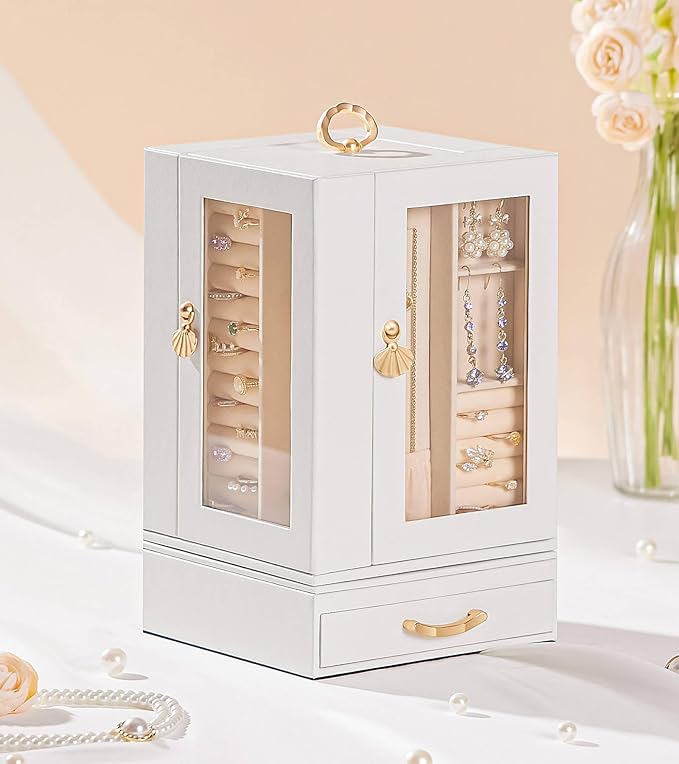 Enthralite Jewelry Box Large for Dresser: Women Necklace Ring Storage Organizer with Compartments - Elegant Earring Holder Display - 360° Rotating Jewelry Organizer with Glass Door