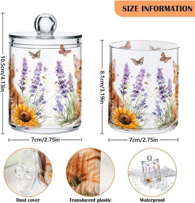 2 Pack Qtip Holder Dispenser for Cotton Ball Lavender Cat Sunflower Swab Round Pads Clear Plastic Acrylic Jar Set Bathroom Canister