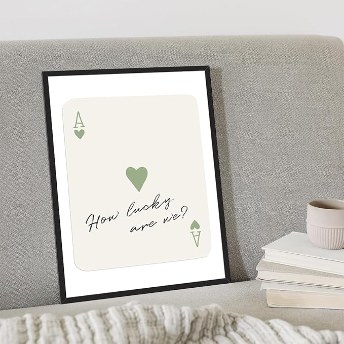 Trendy How Lucky Are We Canvas Wall Art, Sage Green Ace of Hearts Poker Art Print, Retro Playing Card Aesthetic Poster for Bedroom, Inspirational Quotes Wall Decor 16x24in Framed