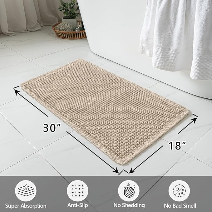 MIULEE Set of 2 Waffle Bathroom Rugs, Boho Bath Rugs Non Slip Washable, Super Absorbent Bath Mats, Ultra Soft Rubber Backed Shower Mats for Bathroom Floor, Tub and Shower, Pale Beige, 18x30 Inch