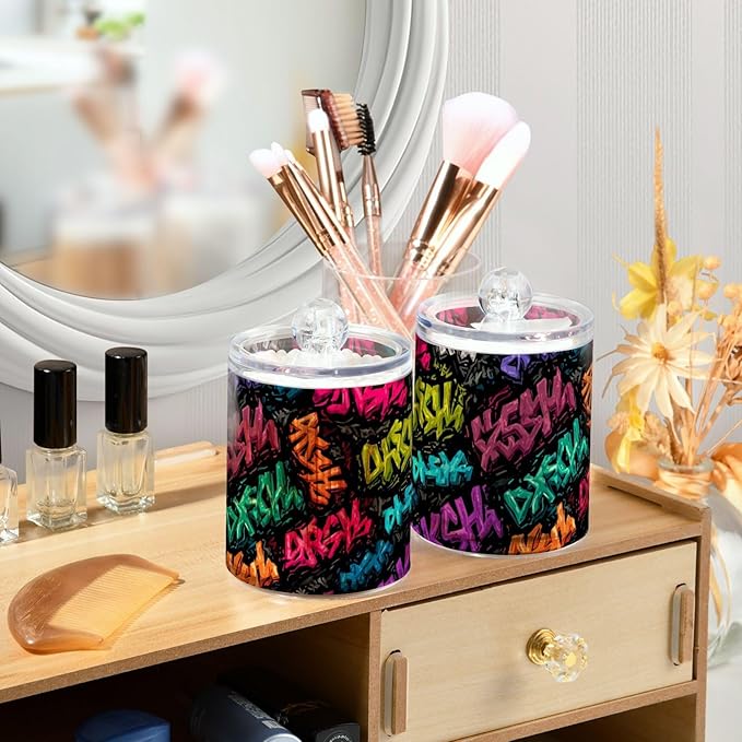 2 Pack Apothecary Jars Artistic Graffiti Font Bathroom Vanity Storage Organizer Set,Small Clear Plastic Storage Jars Bathroom Canister for Cotton Swabs, Rounds, Balls, Qtips,Makeup Sponges, Flo