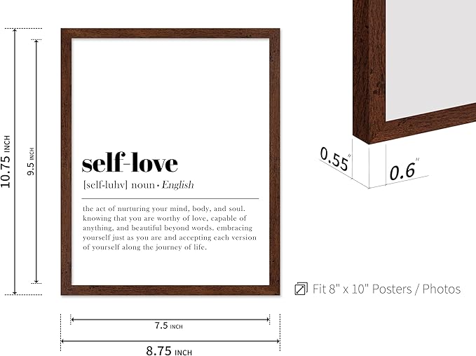 Poster Master Typography Poster - Dictionary Print - Self Love Definition, Nurturing your Mind and Soul, Worthy, Motivational - Gift for Family, Friend - Wall Decor for Home, 8x10 Brown Framed