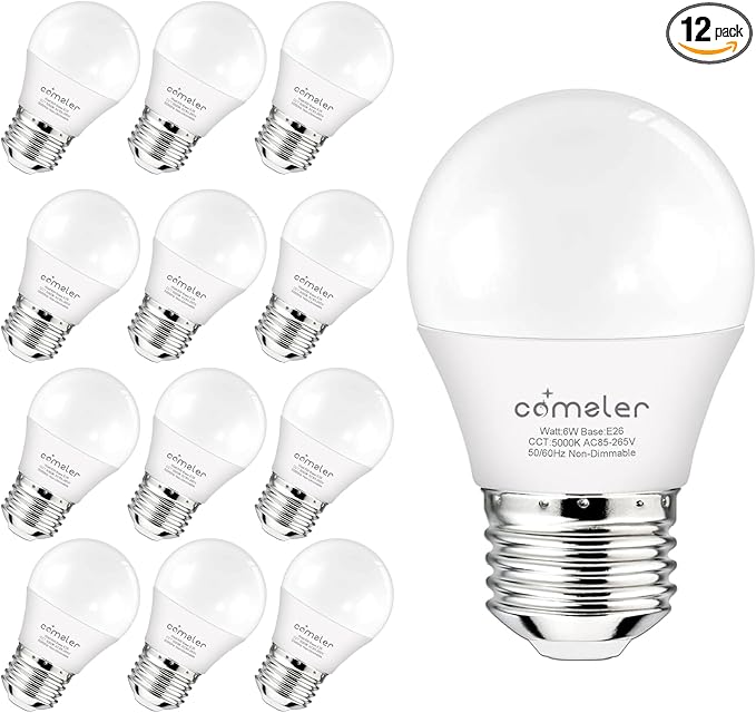 comzler 12 Pack E26 LED Light Bulb, 5000K Daylight 6 Watt 60W Equivalent Small Light Bulbs, A15 Shape Medium Screw Base for Ceiling Fan, CRI 85+, 400Lumen, Non-Dimmable, Home Lighting Decorative