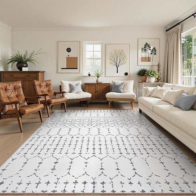 Lahome Moroccan 9x12 Washable Area Rug - Non-Slip Washable Ultra-Thin Soft Large Rug for Living Room, Modern Geometric Print Stain Resistant Carpet for Bedroom Dining Room Hana, White