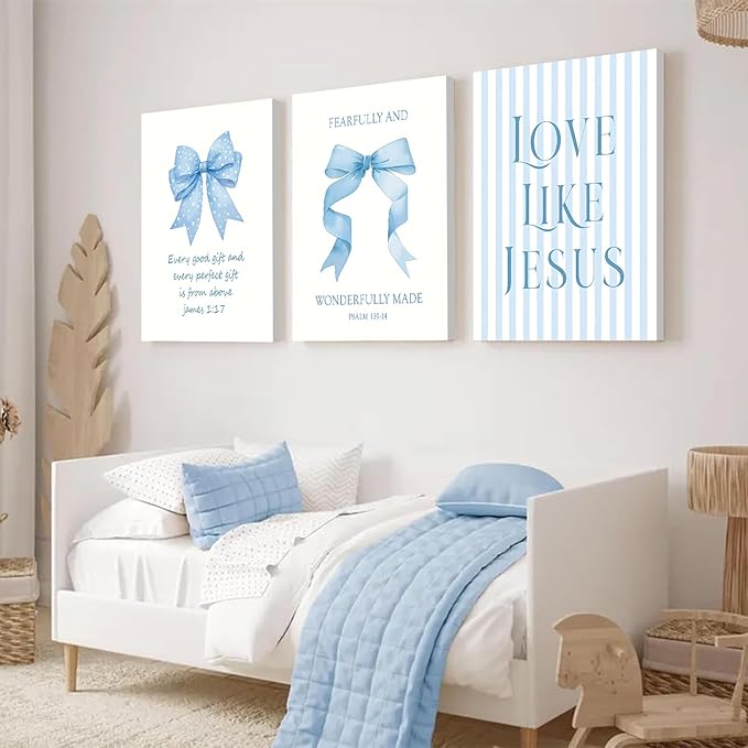 Dytila 3 Piece Blue Bows Wall Art for Girls Room, Bible Verse Pictures Bathroom Decor, Coquette Wall Artwork, Cute Teen Bedroom Decoration, Dorm Decor for College, College Gifts for Girls 12x16 Inch
