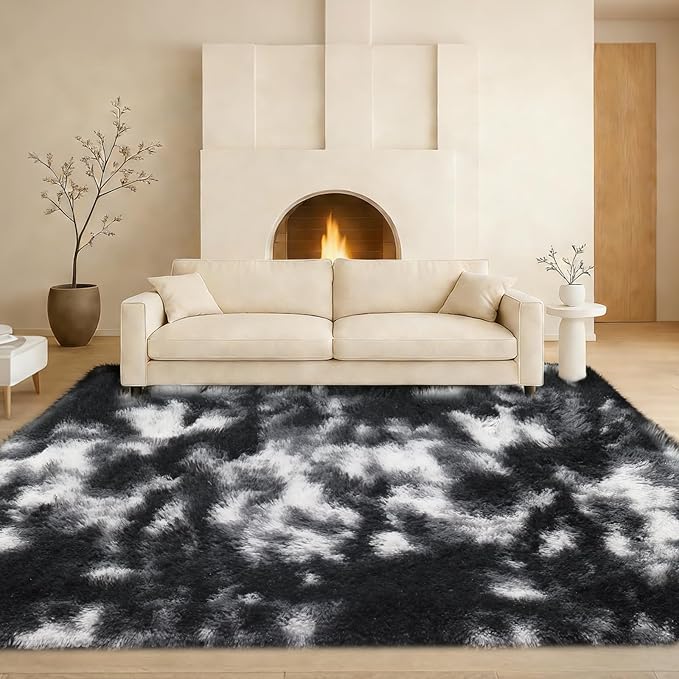 5x7 Plush Fluffy Area Rugs, Large Soft Carpet, Upgraded Non-Slip Rectangular Rug for Living Room, Bedroom, Kids Room, Dorm, Modern Home Decor Aesthetic,Black White Grey.