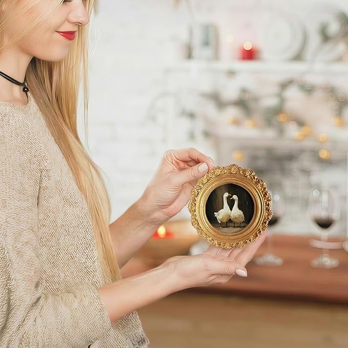 Small Vintage Couple Goose Duck Round Picture Frame Wall Decor, Farmhouse Gold Mini Ornate Photo Frame for TableTop Desk 2.7in Photo, Rustic Framed Artwork for Walls Office Bedroom Shelf