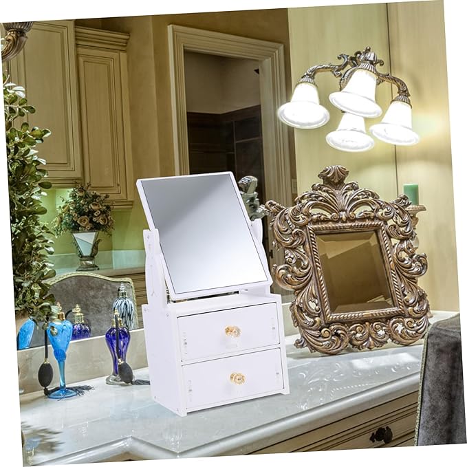 Desktop Makeup Mirror Storage Box Portable Vanity Mirror PVC Makeup Organizer for Students Adjustable Height Compact Design for Travel and Home Use