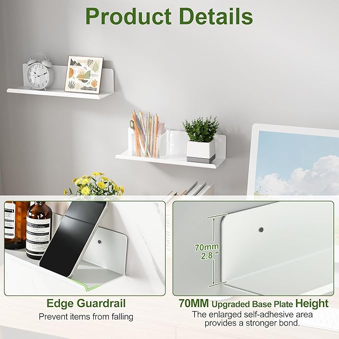 SAYAYO White Floating Shelves for Wall Storage, 12 Inch Screw or Self Adhesive Wall Shelves for Bedroom Decor, Small Display Bathroom Shelf Organizer for Kitchen, Living Room, Office, 2pcs