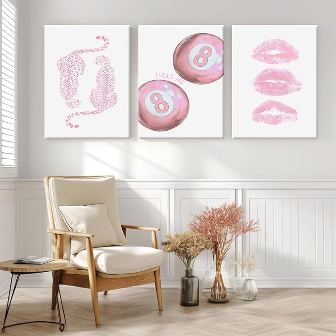 Pink Cheetah Wall Art Decor Trendy Leopard Prints Preppy Aesthetic Canvas Room Decor Y2k Leopard Wall Art 8 Ball Poster Coquette Funky Fashion Artwork for Girls Bedroom 16x24x3 Inch Wrapped Canvas