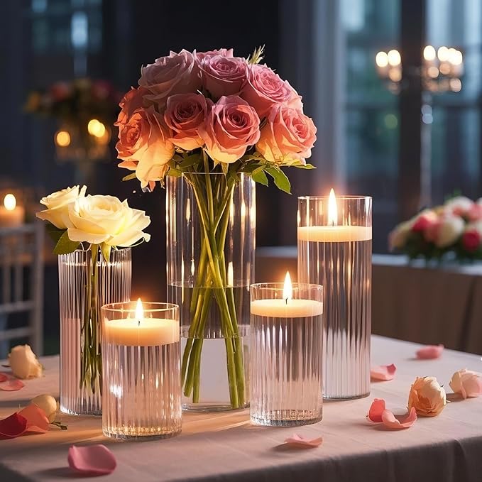 6 Pack Ribbed Glass Cylinder Vases 4,6,10 Inch Tall Clear Flower Vase Hurricane Floating Candle Holder for Table Centerpiece Wedding Home Decor