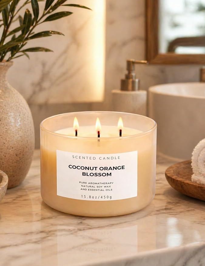 Coconut Orange Blossom 3-Wick Soy Candle | 15.8 oz Large Scented Candle for Home | Clean Burn Long Lasting | Creamy Floral Citrus Scent | Gift Ready